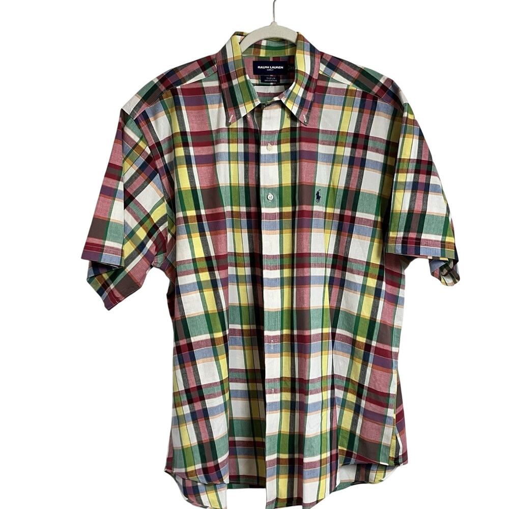 Vintage Ralph Lauren Golf White Green Plaid Button Up Short Sleeve Shirt XL
